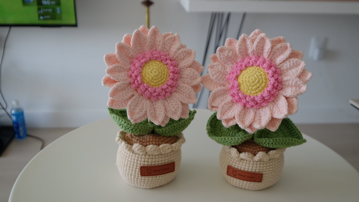 Handmade Crochet Pastel Pink Sunflower Bouquet with Scalloped Pot πΈπ»β¨