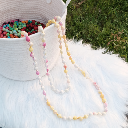 Handmade Silk & Mulberry Wood Beaded Necklace – 65cm | Grey and white Hand-Dyed Necklace