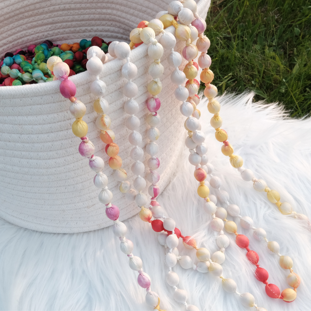 Handmade Silk & Mulberry Wood Beaded Necklace – 65cm | Grey and white Hand-Dyed Necklace
