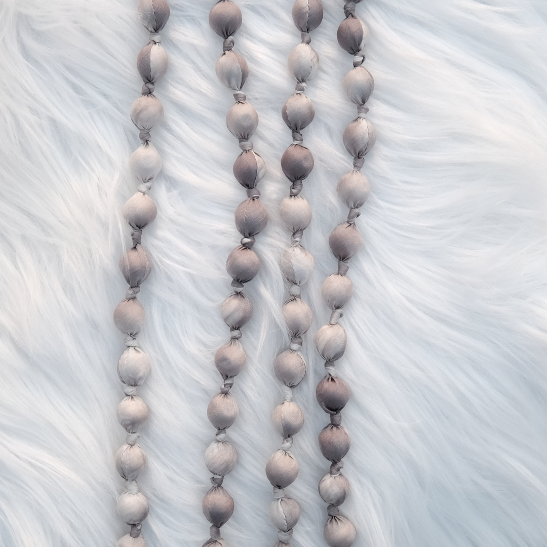 Handmade Silk & Mulberry Wood Beaded Necklace – 65cm | Grey and white Hand-Dyed Necklace