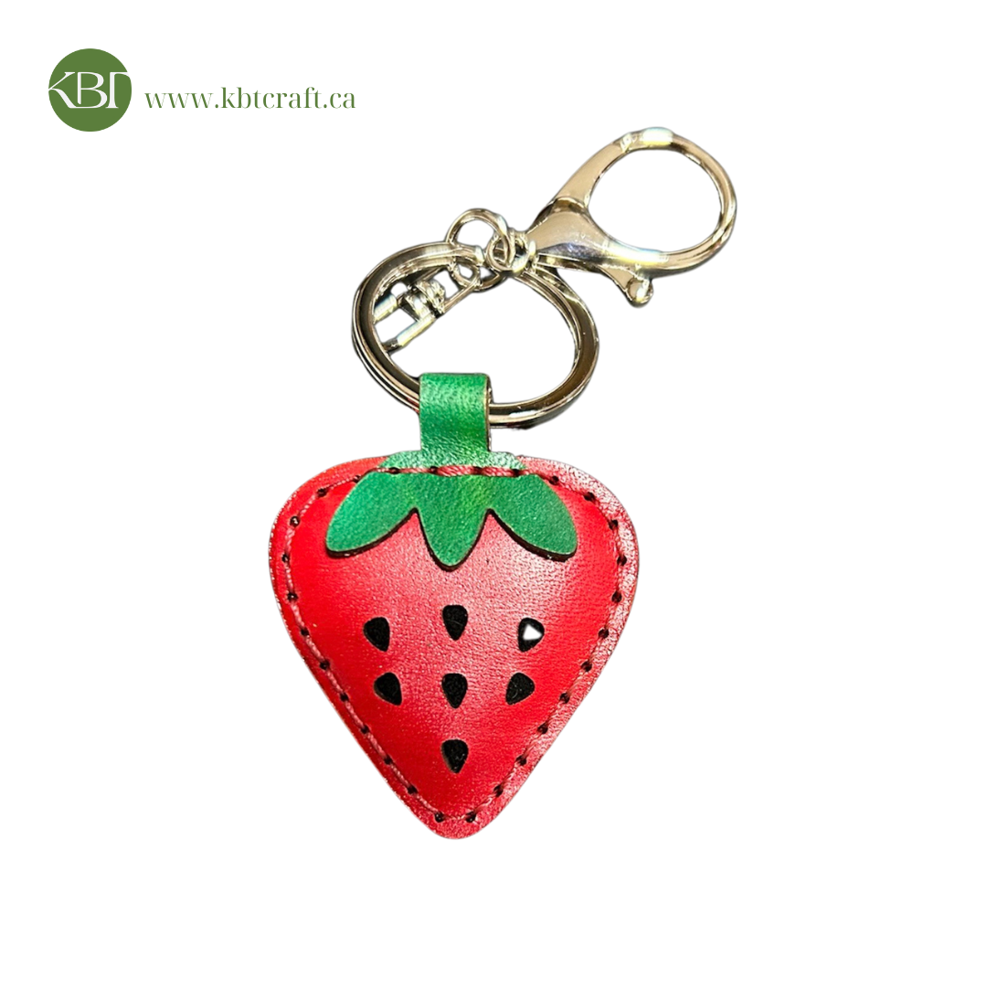 Handcrafted Leather Fruit Keychains – Strawberry, Acorn, & Watermelon Slice
