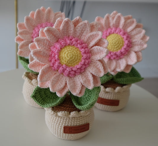 Handmade Crochet Pastel Pink Sunflower Bouquet with Scalloped Pot 🌸🌻✨