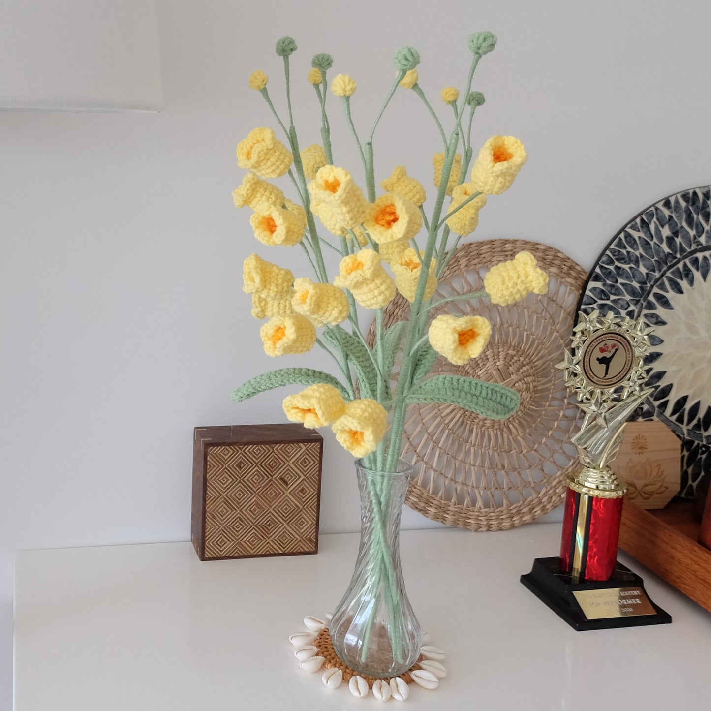 Handmade Crochet Bell Flower Stem | Everlasting Floral Home Decor, Gift | Pink, Yellow  Crochet Bouquet