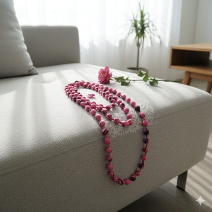 Handmade Silk & Mulberry Wood Beaded Necklace – 65cm | Grey and white Hand-Dyed Necklace